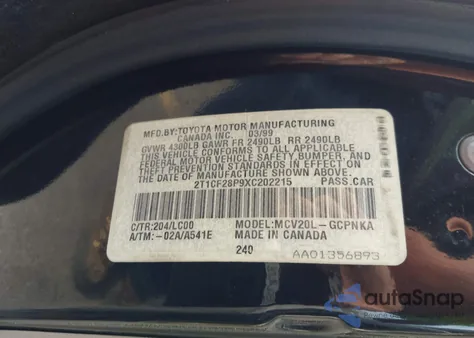 1999 Toyota Camry Solara Sle из США, поврежденный, VIN 2T1CF28P9XC202215